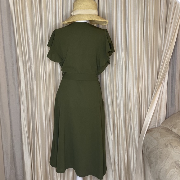 Olive Green Tie waist Dress - Picture 3 of 12